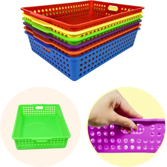 6 Pack Colorful Plastic Classroom Storage Bins 13.75" X 10.25" for Organizing A4 Papers Trays, Pencils, Arts and Crafts Supplies, Rainbow Containers for Kids School Supplies by 4E's Novelty {6}