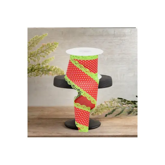 2.5" Swiss Dots Lace Edge Ribbon: Red/Lime Green (10 Yards) {3}