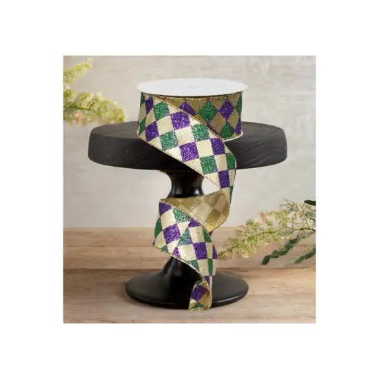 1.5" Harlequin Glitter Diamond Ribbon:Mardi Gras (10 Yards) {2}