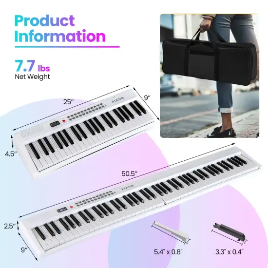 88 Key Foldable Electronic Keyboard Piano with Wireless MIDI Suitable for Kids, Teenagers and Adult White {4}