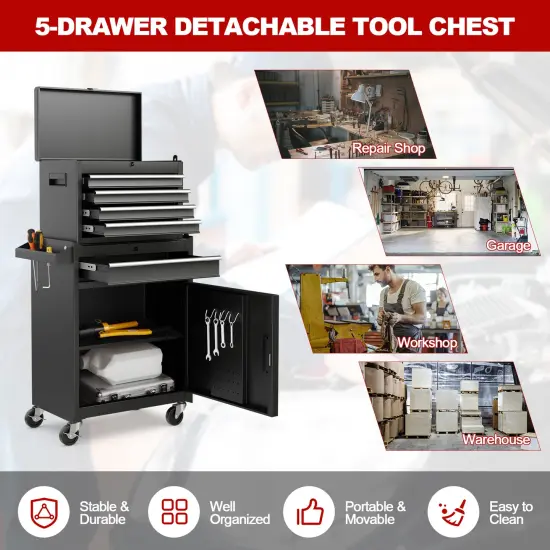 2-in-1 Tool Chest Cabinet with 5 Sliding Drawers and 4 Universal Wheels Perfect for Garage or Workshop Black {6}