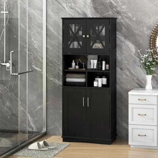 57-Inch Tall Freestanding Bathroom Storage Cabinet with 3 Adjustable Shelves and Acrylic Doors Black {3}