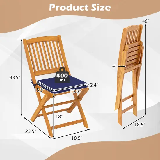 Set of 2 Armless Outdoor Folding Chairs with Seat Cushions and Slatted Backrest Navy {5}