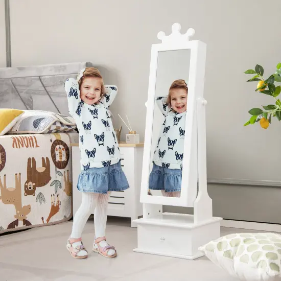 2-in-1 Freestanding Kids Play Jewelry Armoire with Full Length Mirror and Storage Drawers Ideal for Gift White {1}