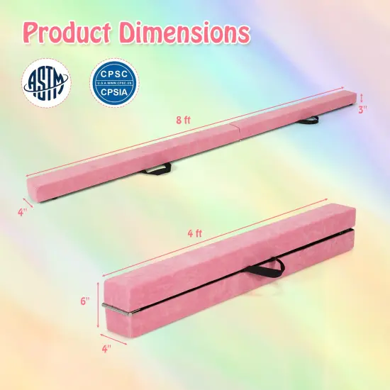 8 Feet Portable Folding Gymnastic Balance Beam with Solid Wood Base Ideal for Walkover or Cartwheel Light Pink {5}