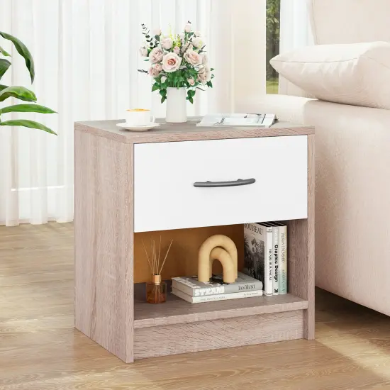 Nightstand with Drawer, Open Shelf, Modern Design and Sturdy Structure Natural & White {2}