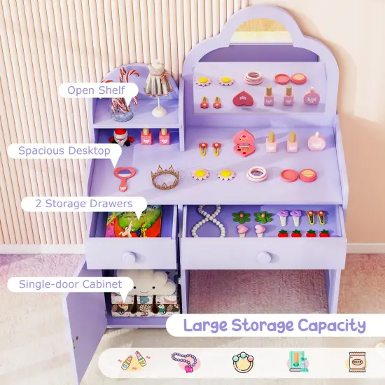 Kids Vanity Set, Cloud Shape Mirror, Storage and Pine Wood Stool Purple {5}