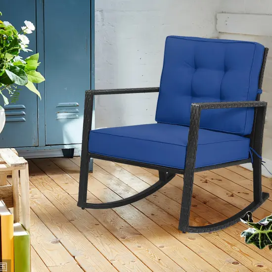 Costway Patio Rattan Rocker Chair Outdoor Glider Rocking Chair Cushion Lawn Navy\Black\Grey {1}