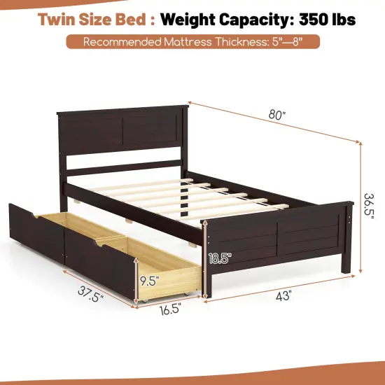 Twin Size Platform Bed with Drawers, Wood Headboard and Sturdy Frame Espresso {4}