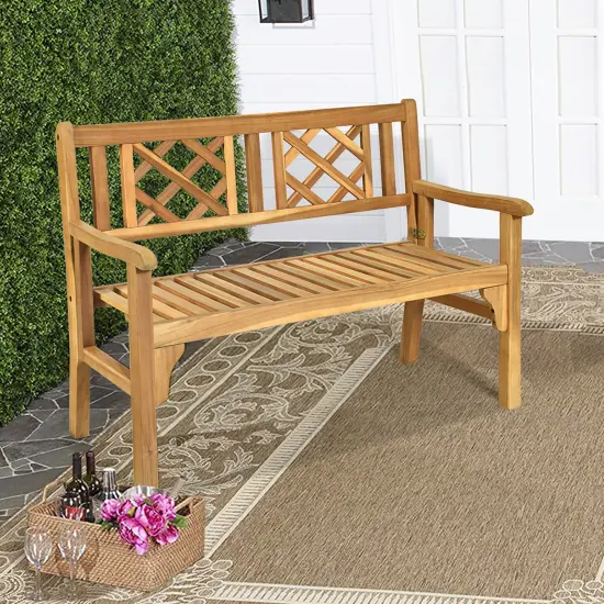 Costway Patio Outdoor Solid Wood Bench Folding Loveseat Chair Park Garden Deck Furniture {6}