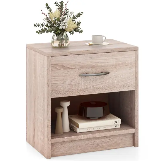 Nightstand with Drawer, Open Shelf, Modern Design and Sturdy Structure Natural {4}