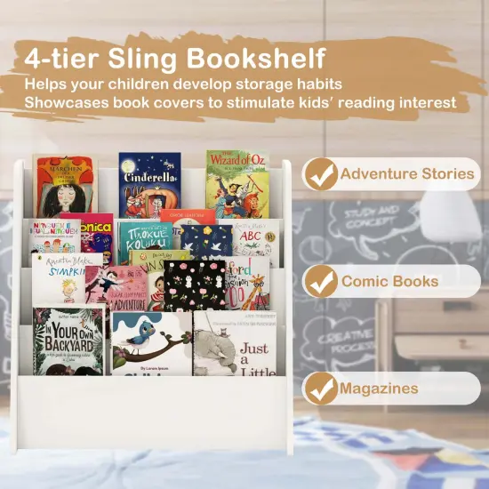 Costway 4-tier Kids Wooden Bookshelf Toddlers Book Rack with Deep Shelves Natural/White {12}