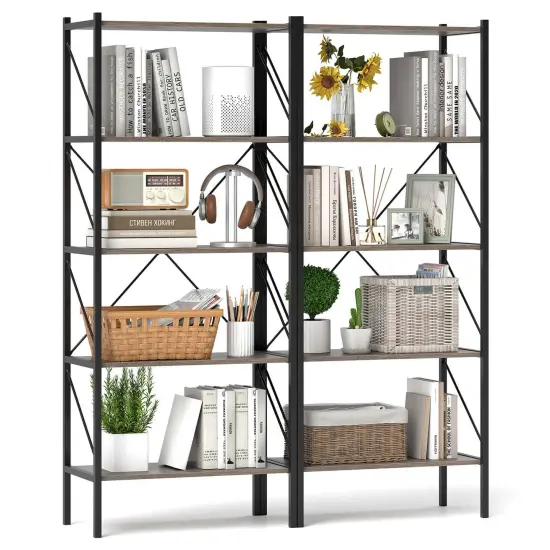 Costway 1/2 PCS 5-Tier Bookshelf, Industrial Tall Bookcase with Open Storage Shelves & Metal Frame Oak {1}