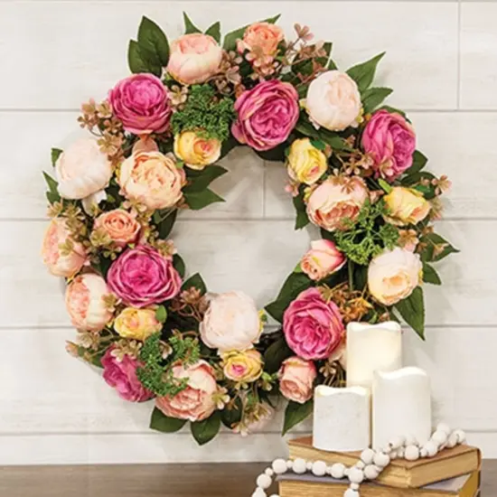 Artificial Cabbage Rose Wreath for Front Door 22 Inch Spring Decor {2}