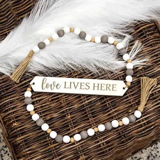 Love Lives Here Beaded Garland with Wooden Sign for Home Decor {2}