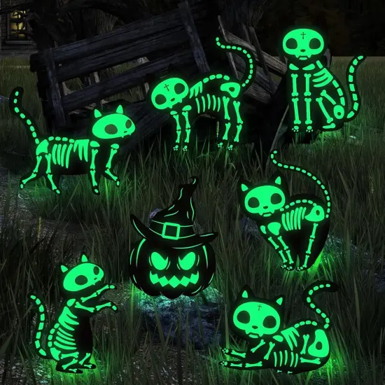 7 Pack Glow in The Dark Pumpkin and Skeleton Black Cat Yard Signs {1}