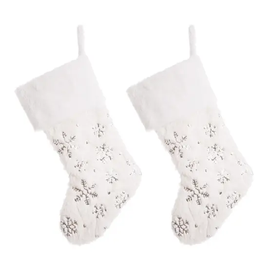 White Plush with Snowflake Christmas Stockings & a tree skirt 2pk Stocking {10}