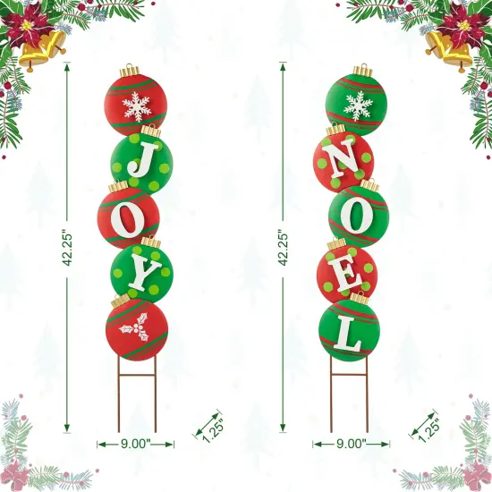 Set of 2 Metal JOY & NOEL Ornament Yard Stake or Wall Decor 2PCS "Green & Red" {5}