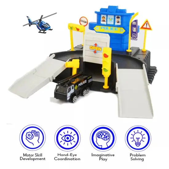 Kitcheniva Kids Police Station Playset Toy Gift With Ramps Garage Car Helicopter Map {2}