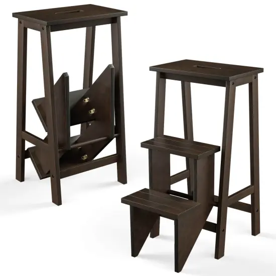 Costway 3 Tier Folding Step Stool 3-in-1 Rubber Wood Ladder Storage Shelf Coffee/Brown/Natural/White {7}