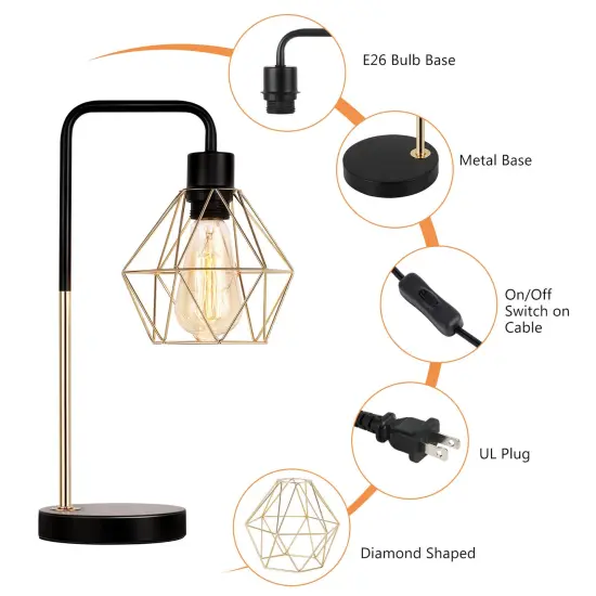 Modern Gold Geometric Table Lamp Diamond Cage Shade Bedside Light for Bedroom, Office, or Living Room UL Certified, E26 Bulb Compatible, Elegant Industrial Decor {3}