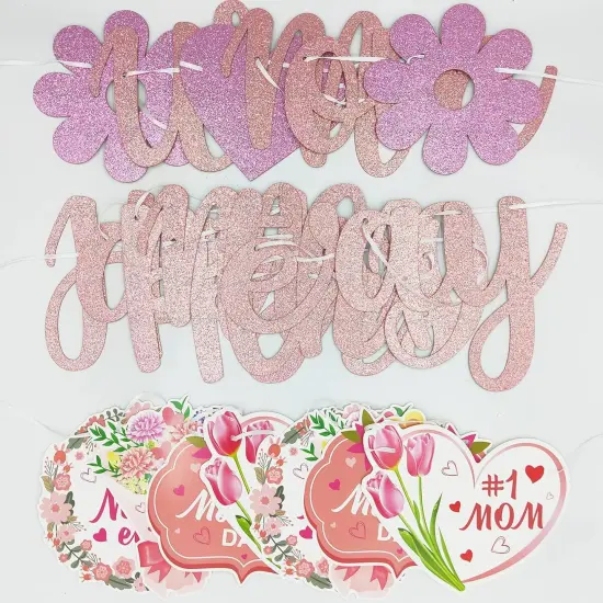 Glittery We Love Mom Happy Mother's Day Banner with Heart Flowers Rose Gold {3}