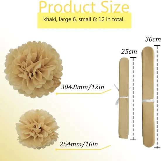 12 Pieces Tissue Paper Pompoms 10in and 12in Hanging Tissue Flowers Decorations Colour Paper Flower Ball Paper Flowers Pom Poms for Party Wedding Decoration (ZH/Khaki) {2}