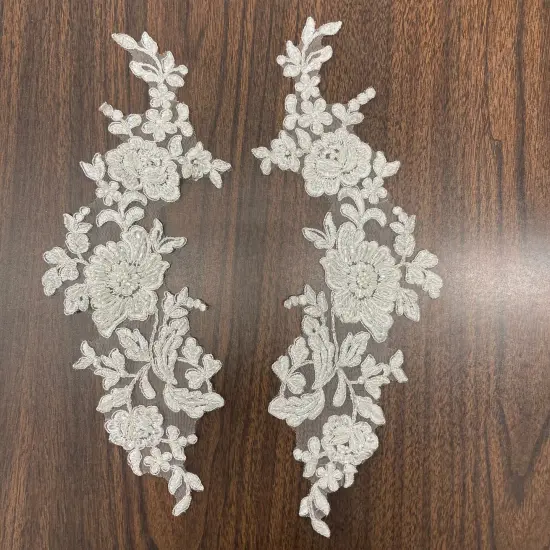 1 Pair Beaded & Corded Floral Lace Applique on 100% Polyester Net Mesh 13" x 3" Each Side White with Rose G {1}