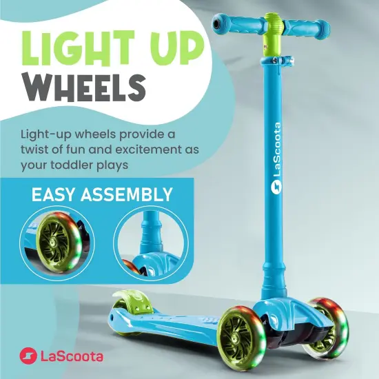 LaScoota 2-in-1 Kids Kick Scooter, Adjustable Height Handlebars and Removable Seat, 3 LED Lighted Wheels and Anti-Slip Deck for Boys & Girls Aged 3-14 & up to 100 Lbs. Gift-Ready Mini Scooter Toddler Blue {5}