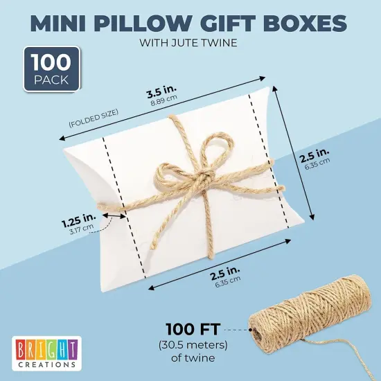 Mini Paper Pillow Gift Box Set with Jute Twine (3.5 x 2.5 x 1.25 Inches, 100 Pack) White {3}