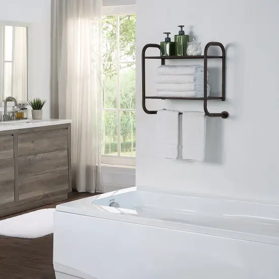 Compact Wall Mount 2 Tier Bathroom Shelf with Towel Bars {2}