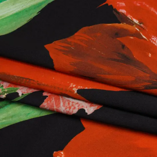 1 Yard Charmeuse Fabric Scarlet Red Green Painted Tulip Garden Silk 53 inch Width {3}