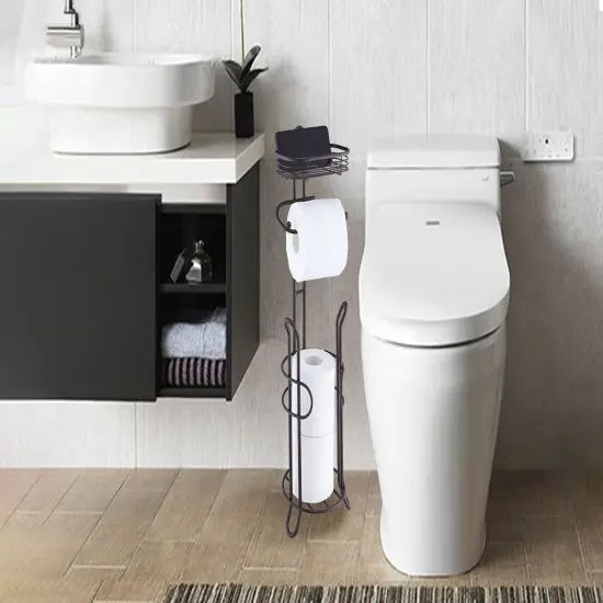 Bathroom Heavyweight Toilet Tissue Paper Roll Storage Holder Stand with Reserve and Shelve Brown {2}