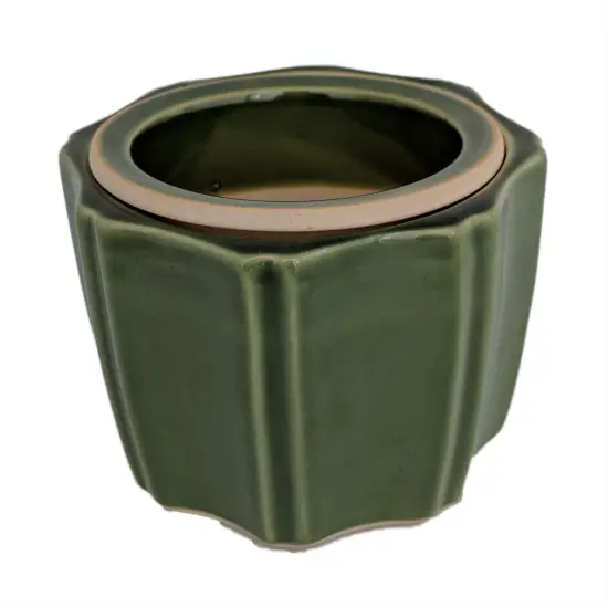 Octagon Self Watering Glazed Ceramic Pot - Green - 5 1/4 x 4 1/4" {1}