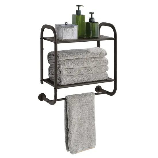 Compact Wall Mount 2 Tier Bathroom Shelf with Towel Bars {1}