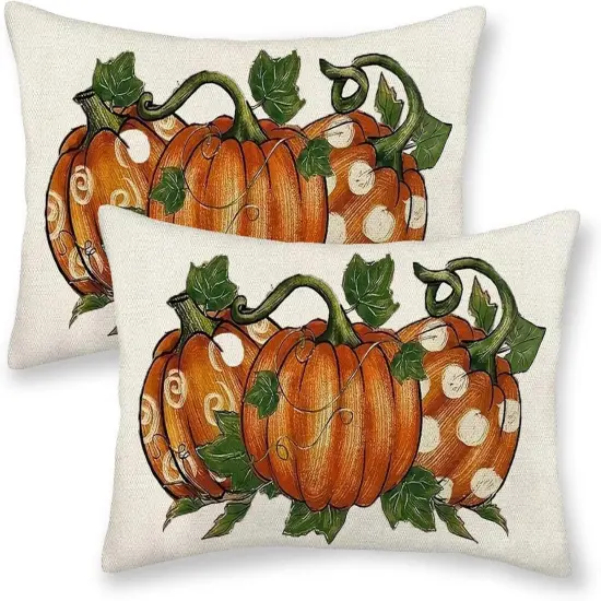 2 Orange PumpkinThrow Pillow Covers Outdoor Decor (Three Orange Pumpkin) {2}