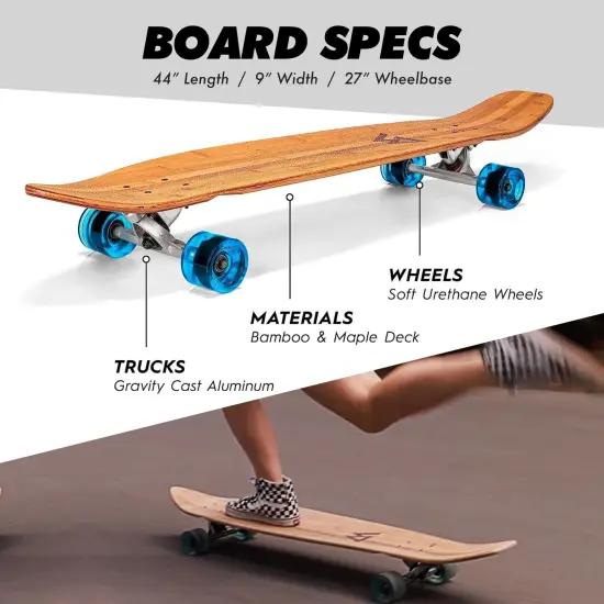 Magneto 44-inch Kicktail Cruiser Longboard Skateboard - Bamboo & Hard Maple Deck - Ideal for Commuting, Cruising, Carving, Downhill Riding - Suitable for Ages 3-14 (Blue) {2}
