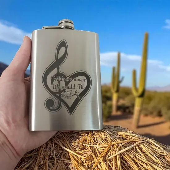 8oz Without Music Life would be Flat Stainless Steel Flask {4}