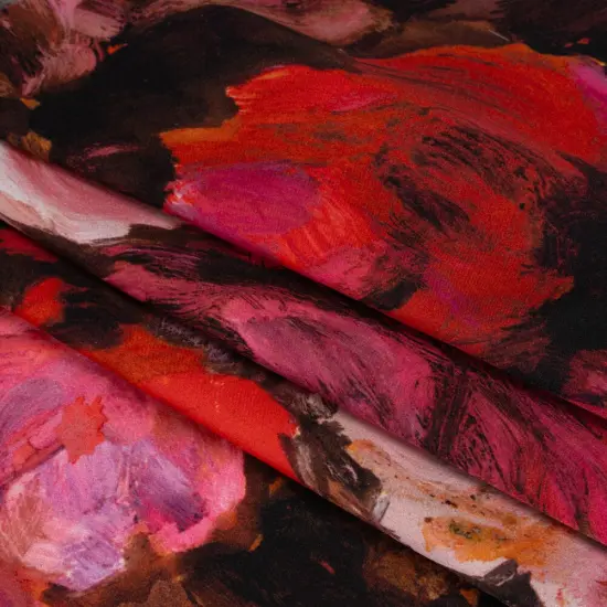 1 Yard Red Pink Brown Painted Roses Silk Charmeuse Fabric 53 inch Width {3}