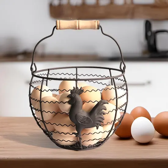Wire Egg Basket for Gathering Fresh Eggs Collecting Basket With Handle,Rusty Chicken Decorated Small Chicken Egg Basket {4}