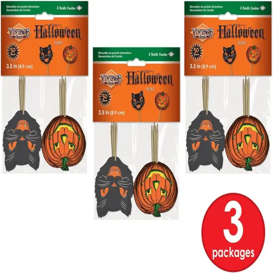 Paper Vintage Halloween Party Food Picks Cat Pumpkin Cupcake Toppers {4}