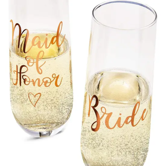Juvale Rose Gold Stemless Champagne Glasses for Bride and Maid of Honor, 9.8 oz Wedding Flutes Gift Set (2 Pieces) Clear {4}