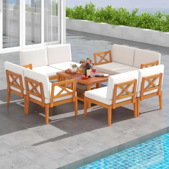 Costway 10 PCS Acacia Wood Patio Furniture Set with Cushions and 2-Tier Coffee Table {4}