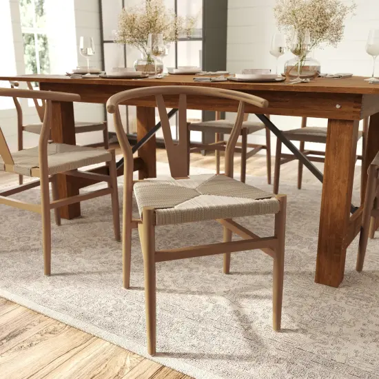 Merrick Lane Staci Set of 2 Stack Dining Chairs with Y-Back Style Design, Solid Wood Frames, Woven Kraft Paper Rope Seats BlackFrame/Natural {9}