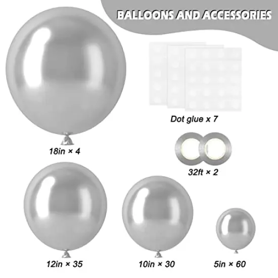 129pcs Metallic Silver Balloon Kit - Latex Balloons in Different Sizes (18, 12, 10, 5 Inches) for Birthday Parties, Graduation, Baby Showers, Weddings, Holidays, and Easter Decorations {2}
