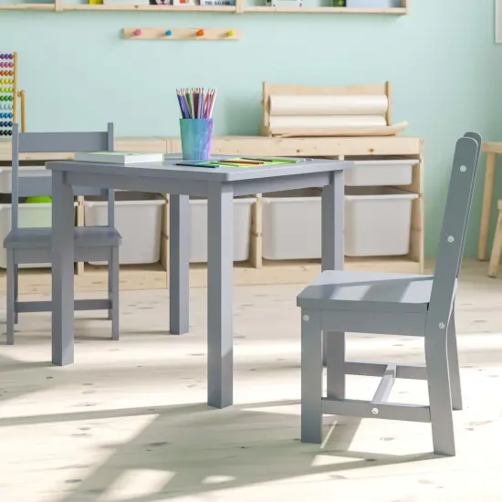 Emma and Oliver Kids 3 Piece Solid Hardwood Table and Chair Set for Playroom, Kitchen Gray {6}