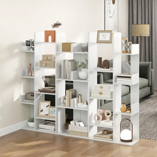 Costway 1/2 PCS Bookshelf Tree-Shaped Bookcase with 13 Storage Shelf Rustic Industrial Style White/Coffee {4}