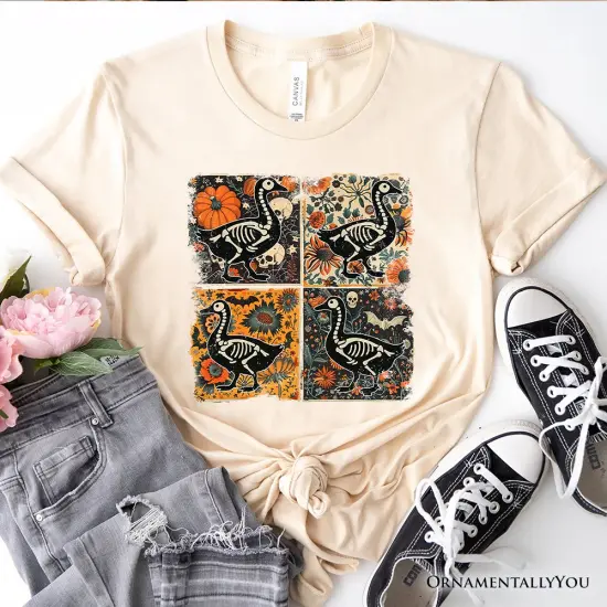 Skeleton Goose Patchwork T-Shirt, Floral Halloween Tee for The Spooky Season {7}