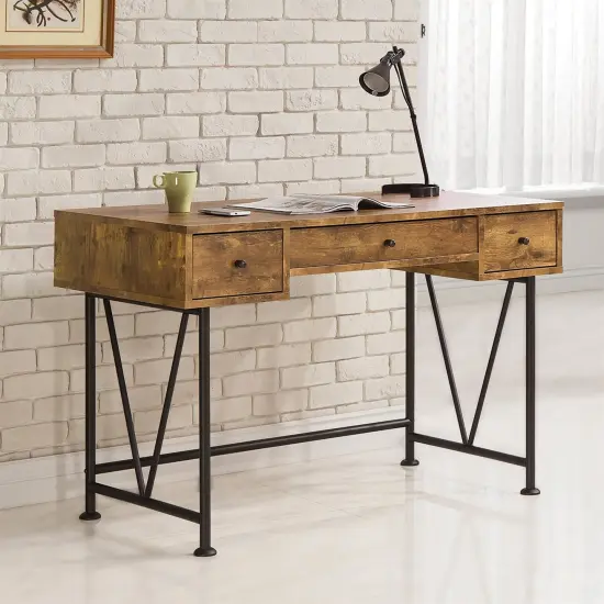 Rustic Brown-Black Farmhouse 3-Drawer Writing Desk with Wood Top and Metal Base {2}