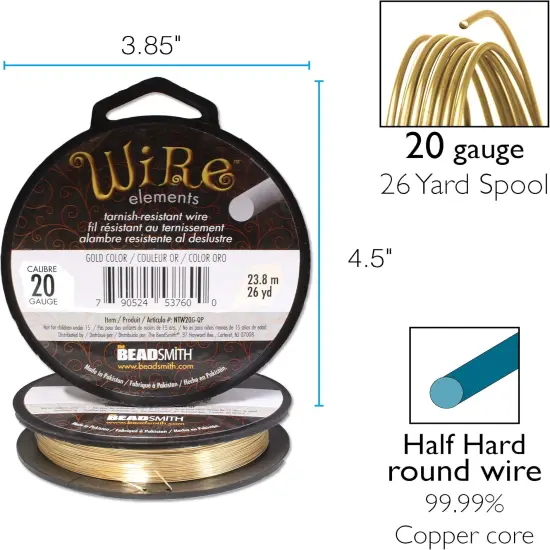 The Beadsmith Wire Elements 20-Gauge Lacquered Tarnish-Resistant Copper Wire for Jewelry Making, 26 Yard, 23.77 Meter, &frac14; Pound Spool (Gold Color) {3}